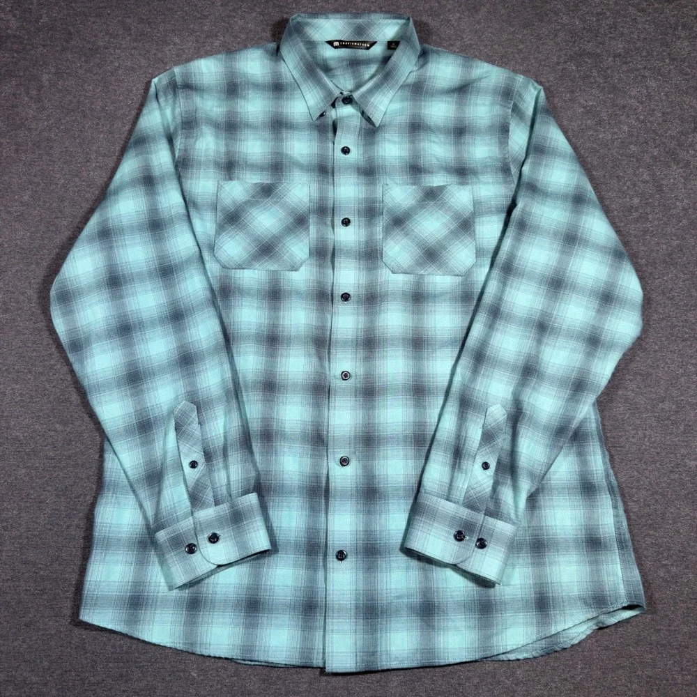 TravisMathew Cloud Flannel Button Up Shirt Mens XL Teal Plaid Long Sleeve Golf